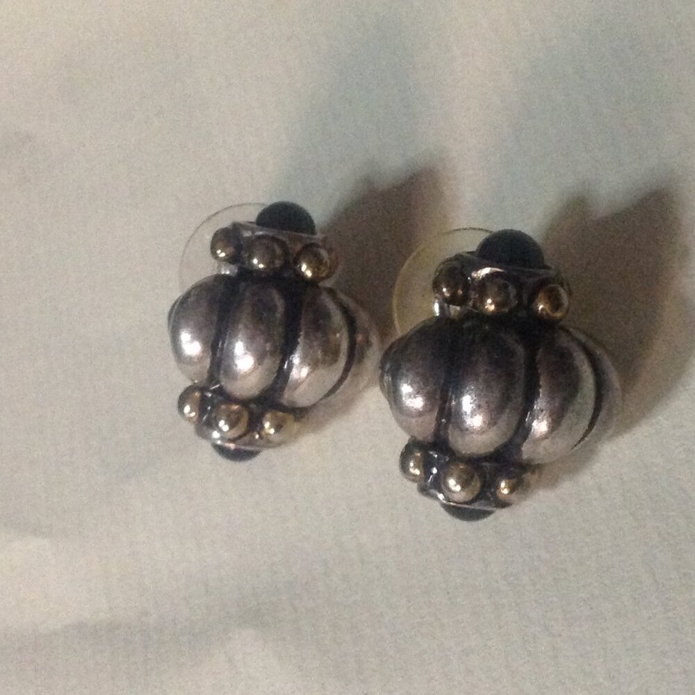 **Sale** Vintage Silver Plated & Gold Tone Pierced Earrings with Onyx Cabochon